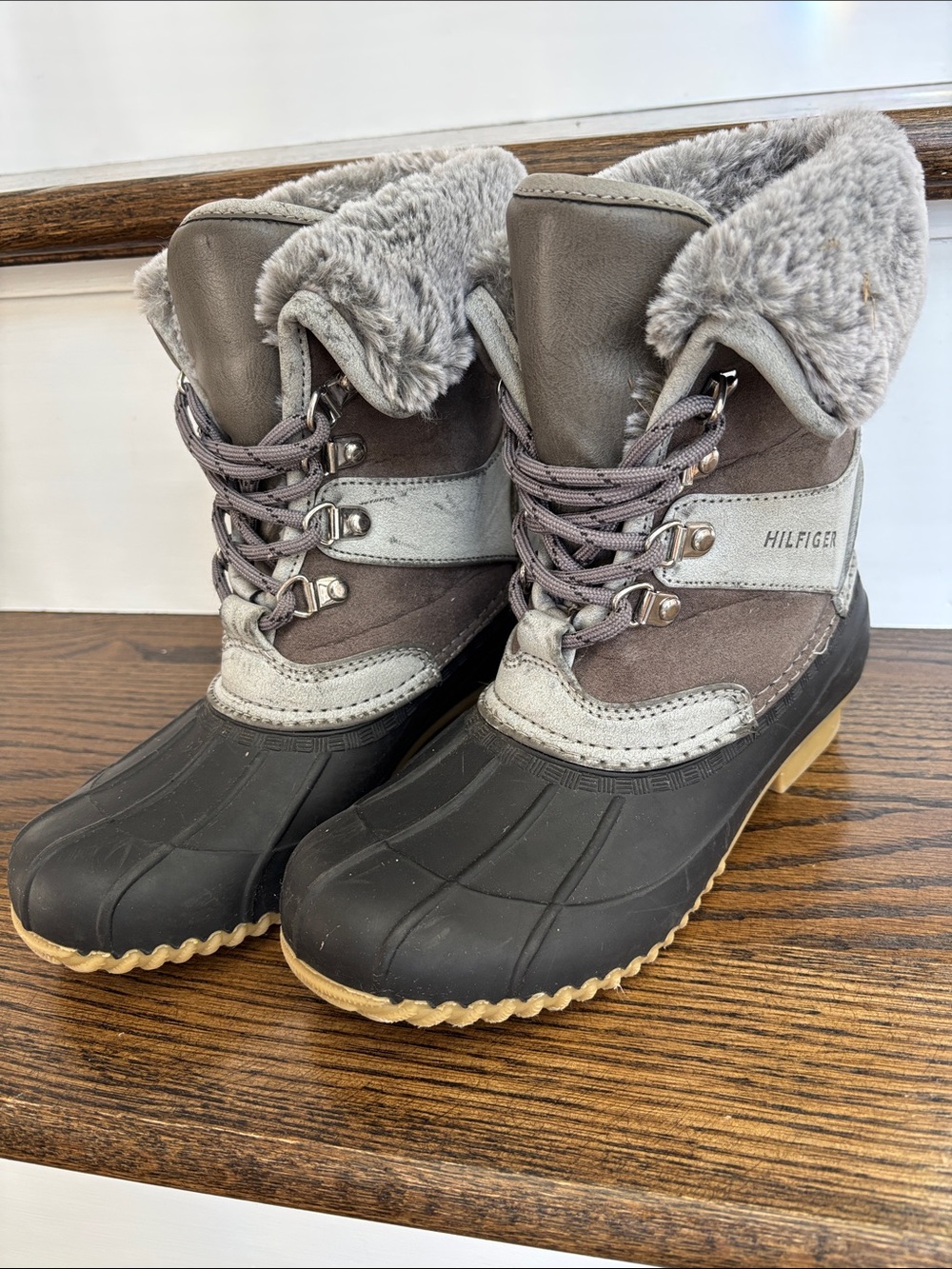 Tommy Hilfiger Gray and Black Winter Rain Boots with Faux Fur Cuff